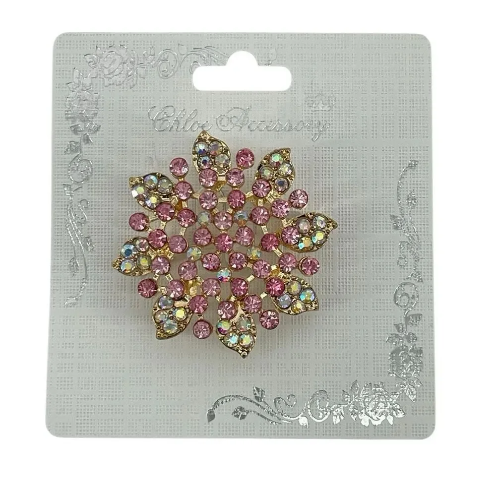 Pink Rhinestone Floral Brooch Pin AB Crystal Gold Tone Statement Jewelry New